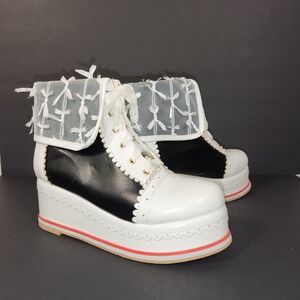 HILIB Platform Ankle Boots Womens White Black Lace Bow Kawaii Lolita Goth Shoes